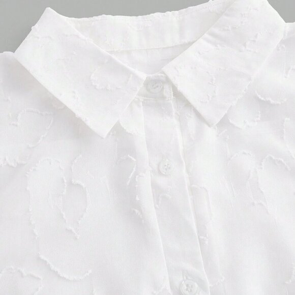 White Casual Women's Jacquard Button Front Solid Long Sleeve Shirt - Picture 4 of 6